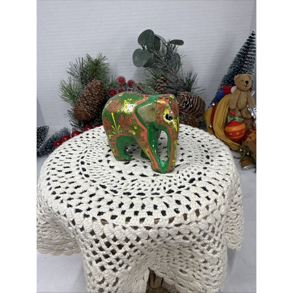Elephant Souvenir Figurine Hand Painted and Lacquered Beautiful Colors 3X2.25"